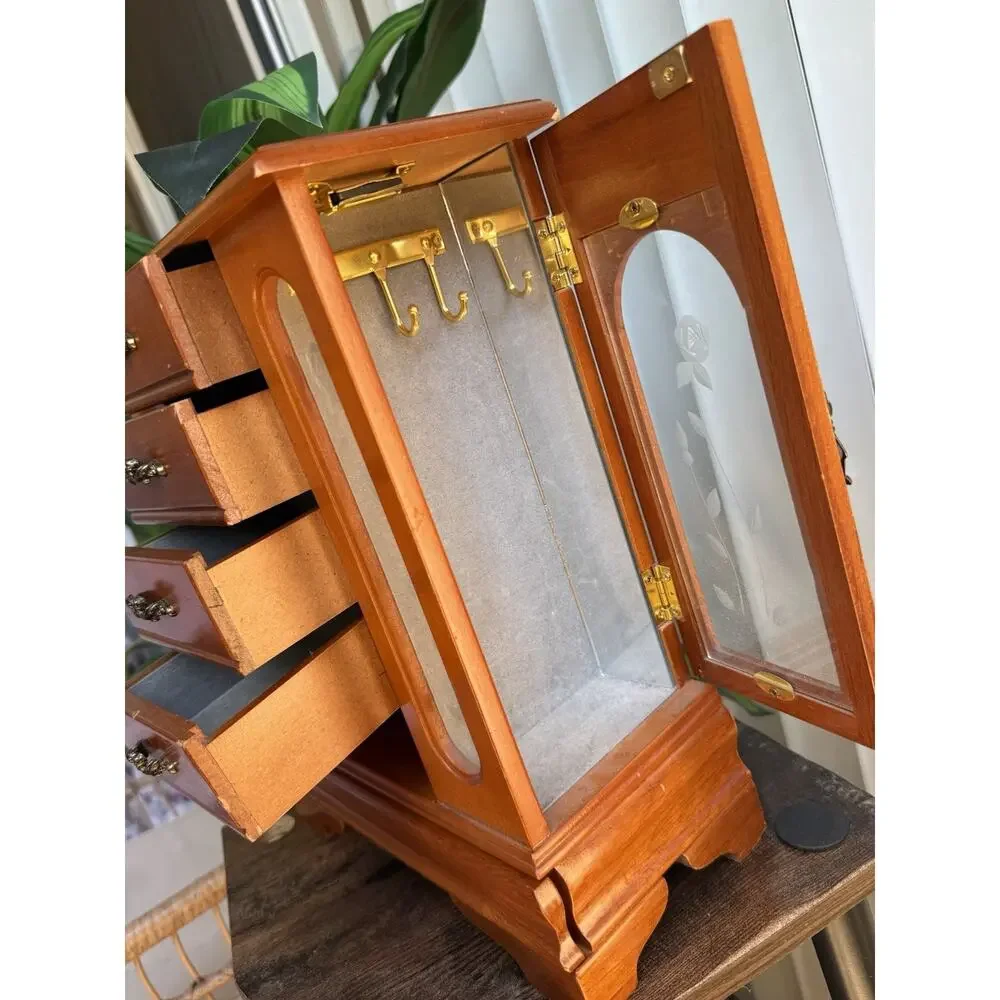 Large Vintage Solid Wood Etched Glass Armoire Style Jewelry Box